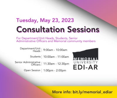 A graphic with a white background. Black text reads 'Consultation sessions' and indicates there are sessions for department/unit heads from 9-10 am, students from 10:00-11:00am, senior administrative officers from 11:30am-12:30pm, and the Memorial community from 1:00-2:00pm on Tuesday, May 23. The logo for the Memorial University EDI-AR office is included.